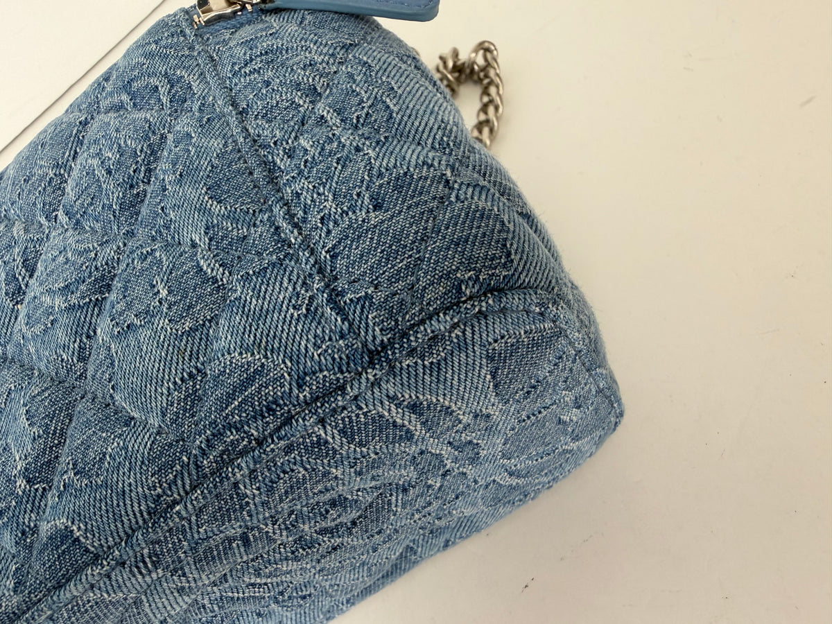Chanel Denim Quilted Camellia Sweetheart Small Vanity Case in Blue Denim NFC YC3