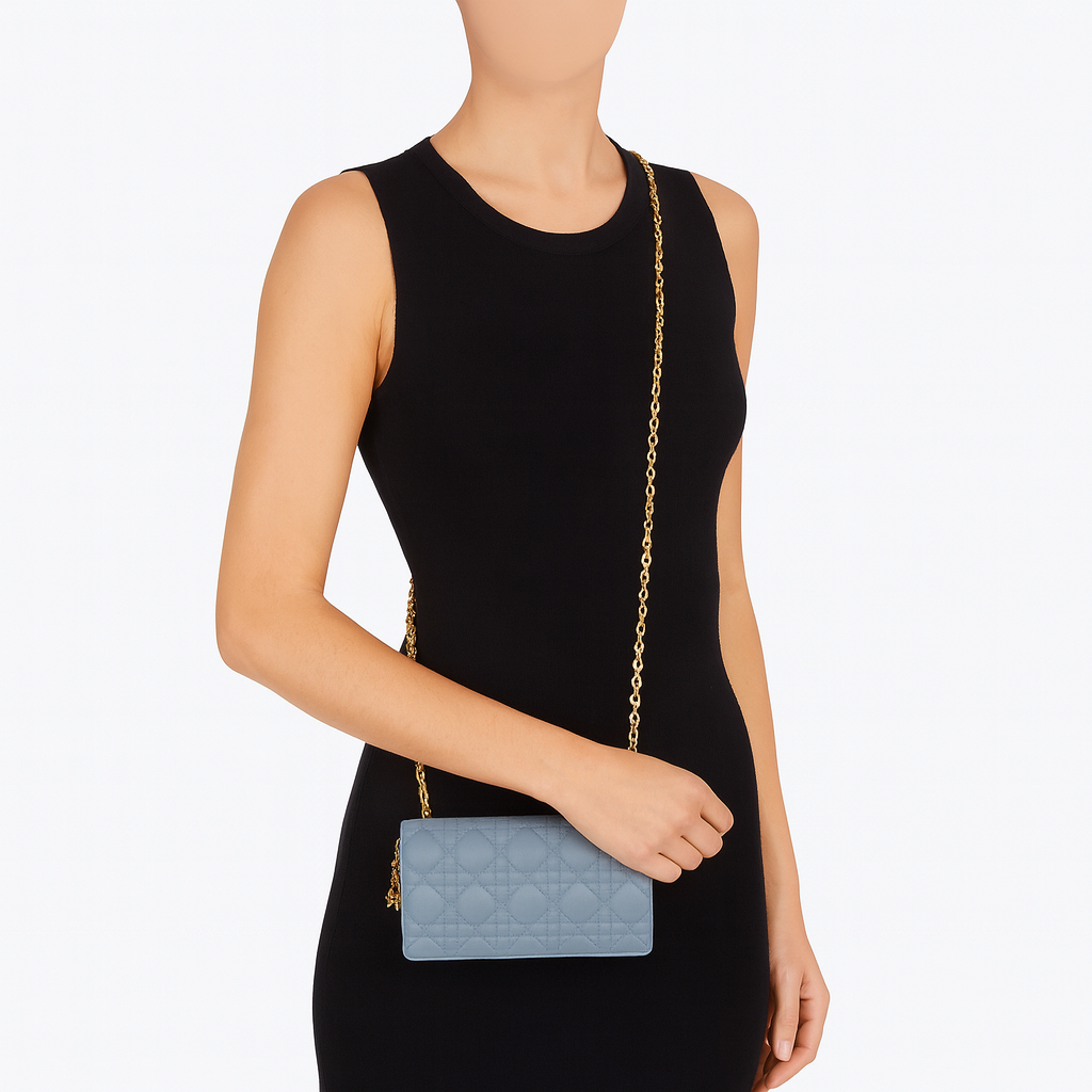 Christian Dior Lady Dior Chain Wallet Lambskin Cloud Blue B-9