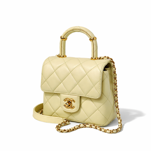 Chanel Crush Top Handle Mini Flap Bag in Pale Yellow or Ivory Leather D5