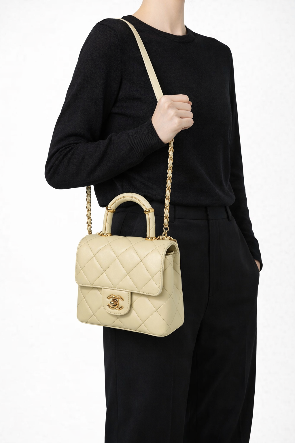 Chanel Crush Top Handle Mini Flap Bag in Pale Yellow or Ivory Leather D5
