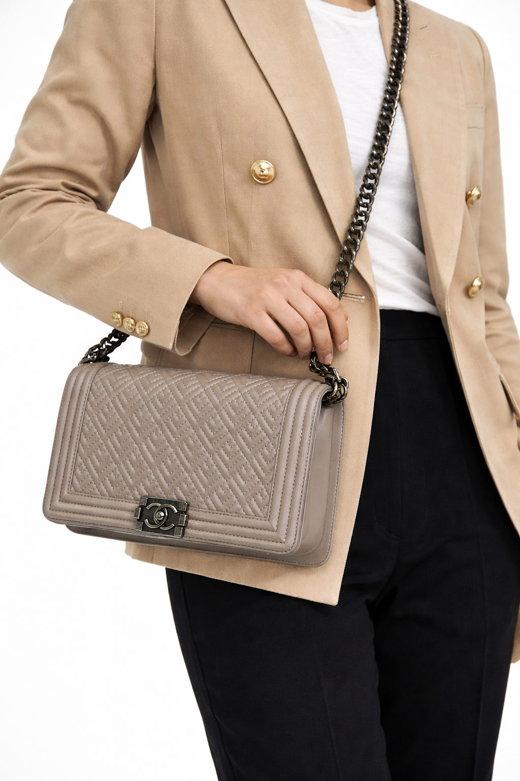 Chanel Boy Bag with Geometric Quilted Pattern in Gray Leather