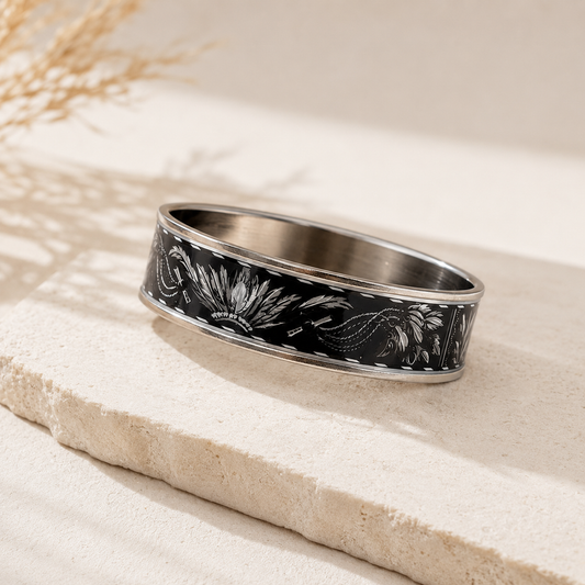 HERMES Enamel Wide Bangle Bracelet in Black and White K1