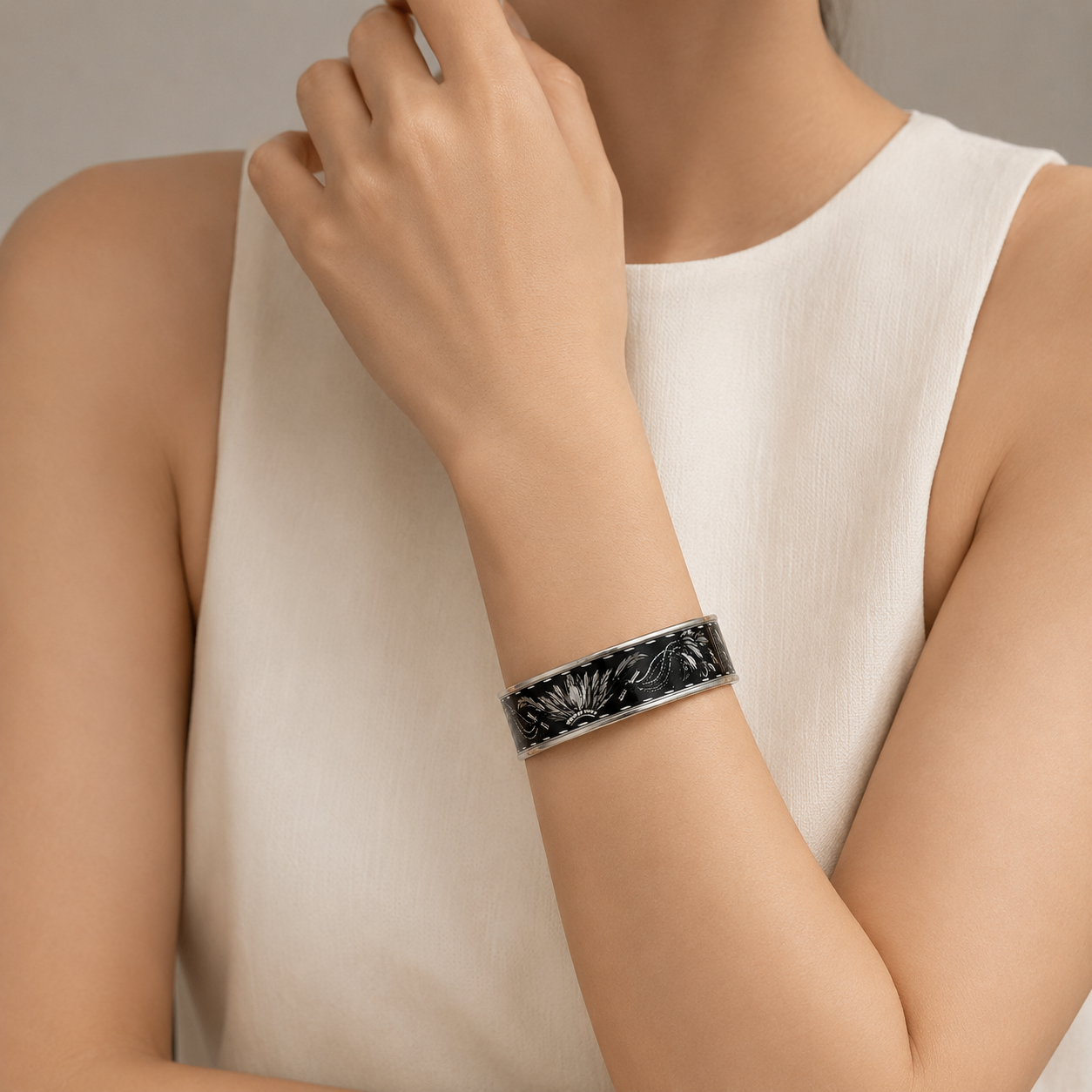 HERMES Enamel Wide Bangle Bracelet in Black and White K1