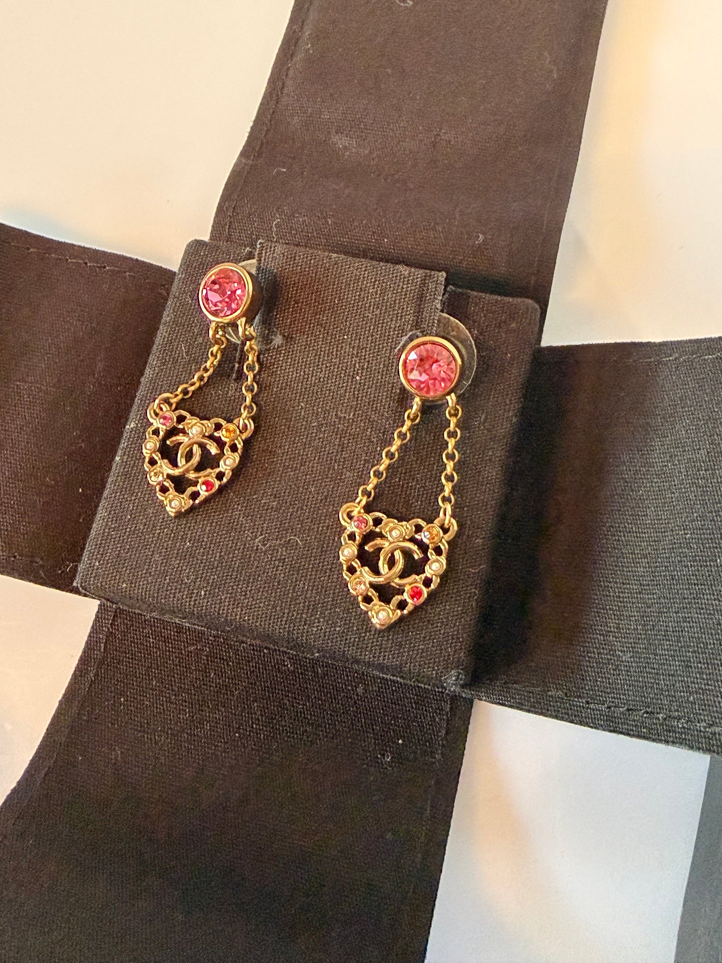 Chanel CC Heart Cut Out Dangle Earrings Metal with Faux Pearls and Crystals