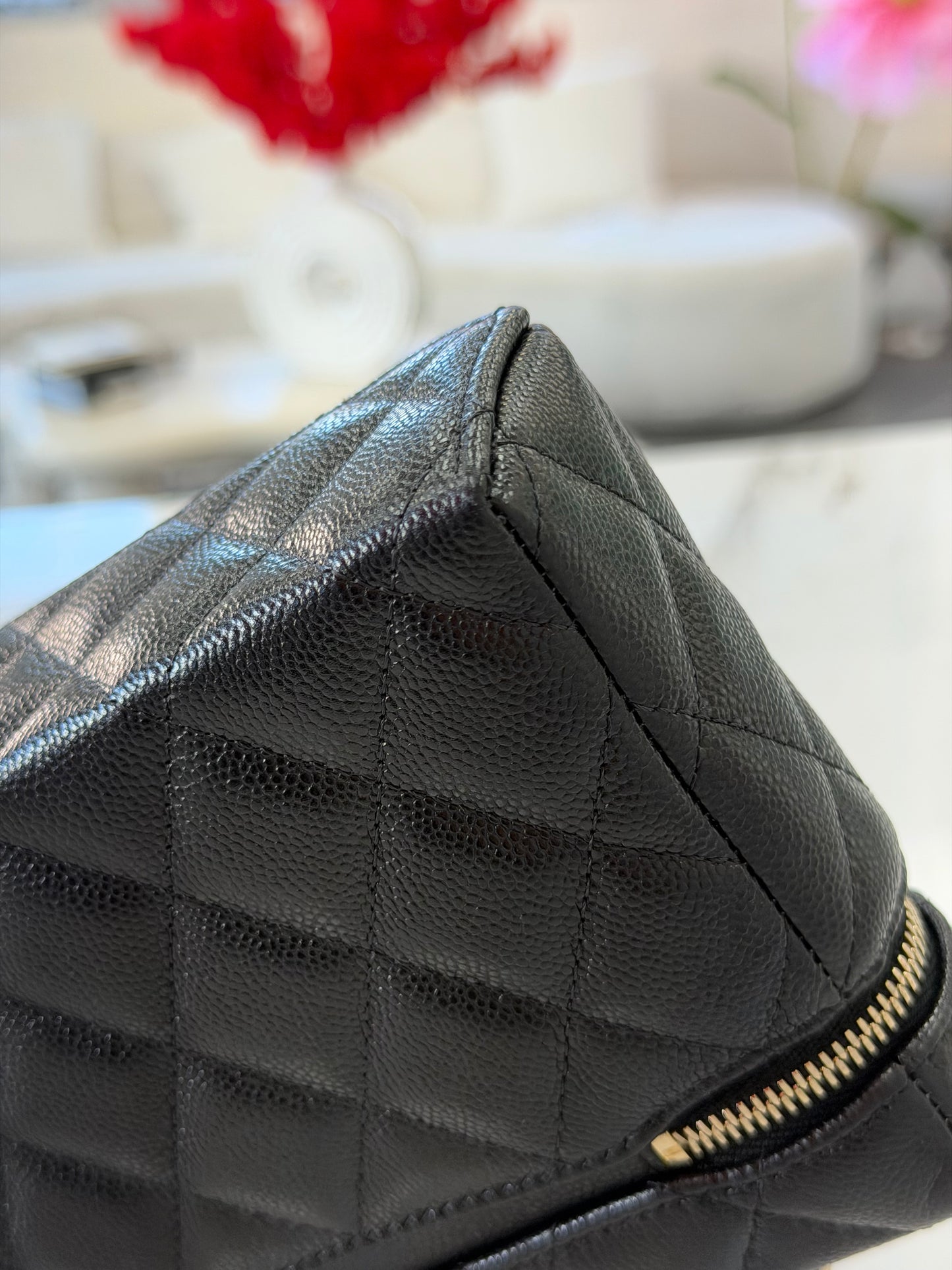 Chanel Caviar Quilted Top Handle Slim Vanity Case with Chain
