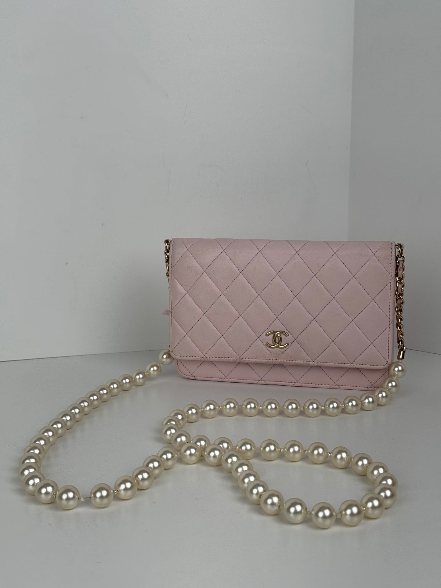 Chanel Pink Quilted Leather Pearl Wallet on Chain With Gold Hardware