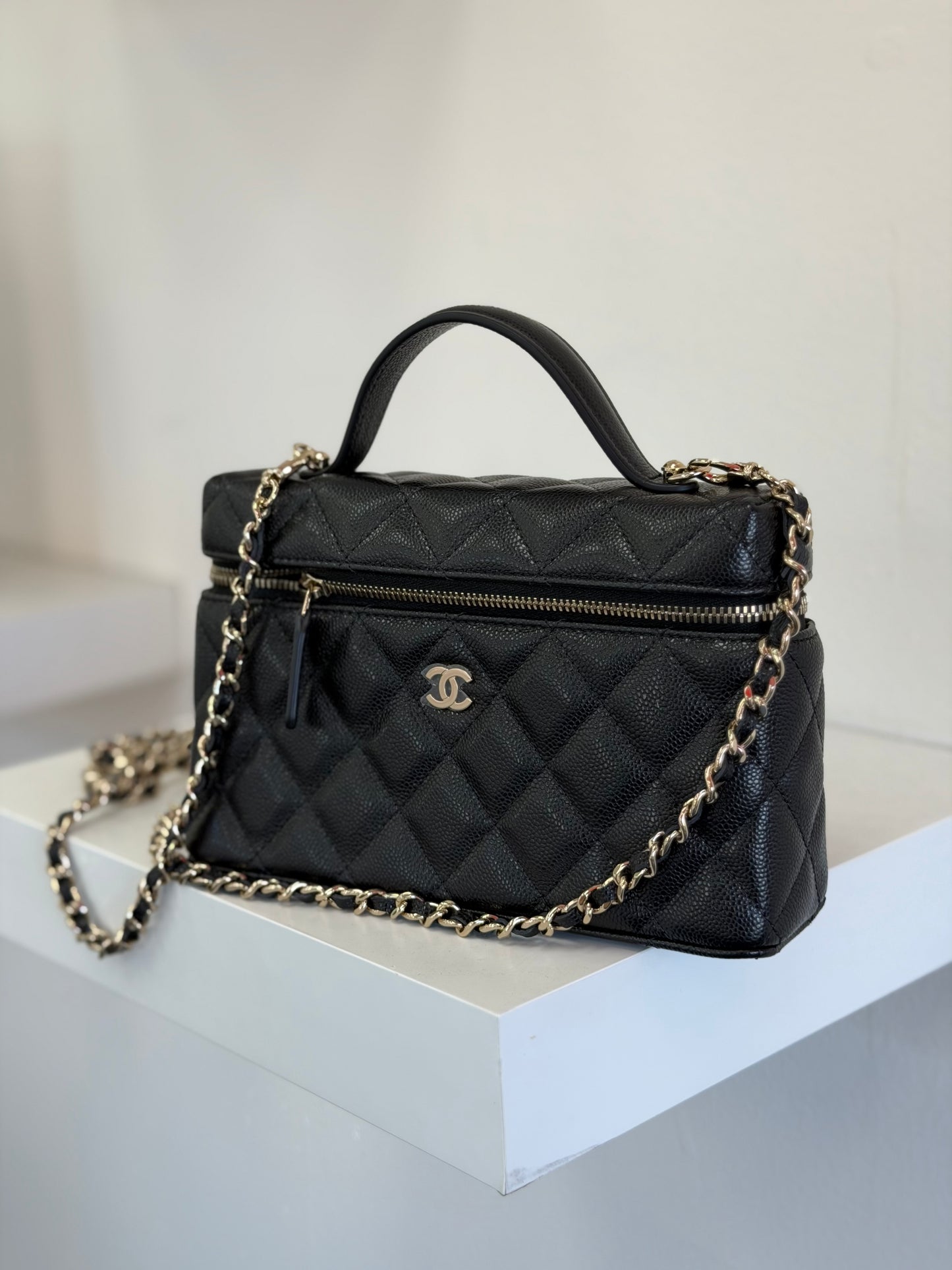 Chanel Caviar Quilted Top Handle Slim Vanity Case with Chain
