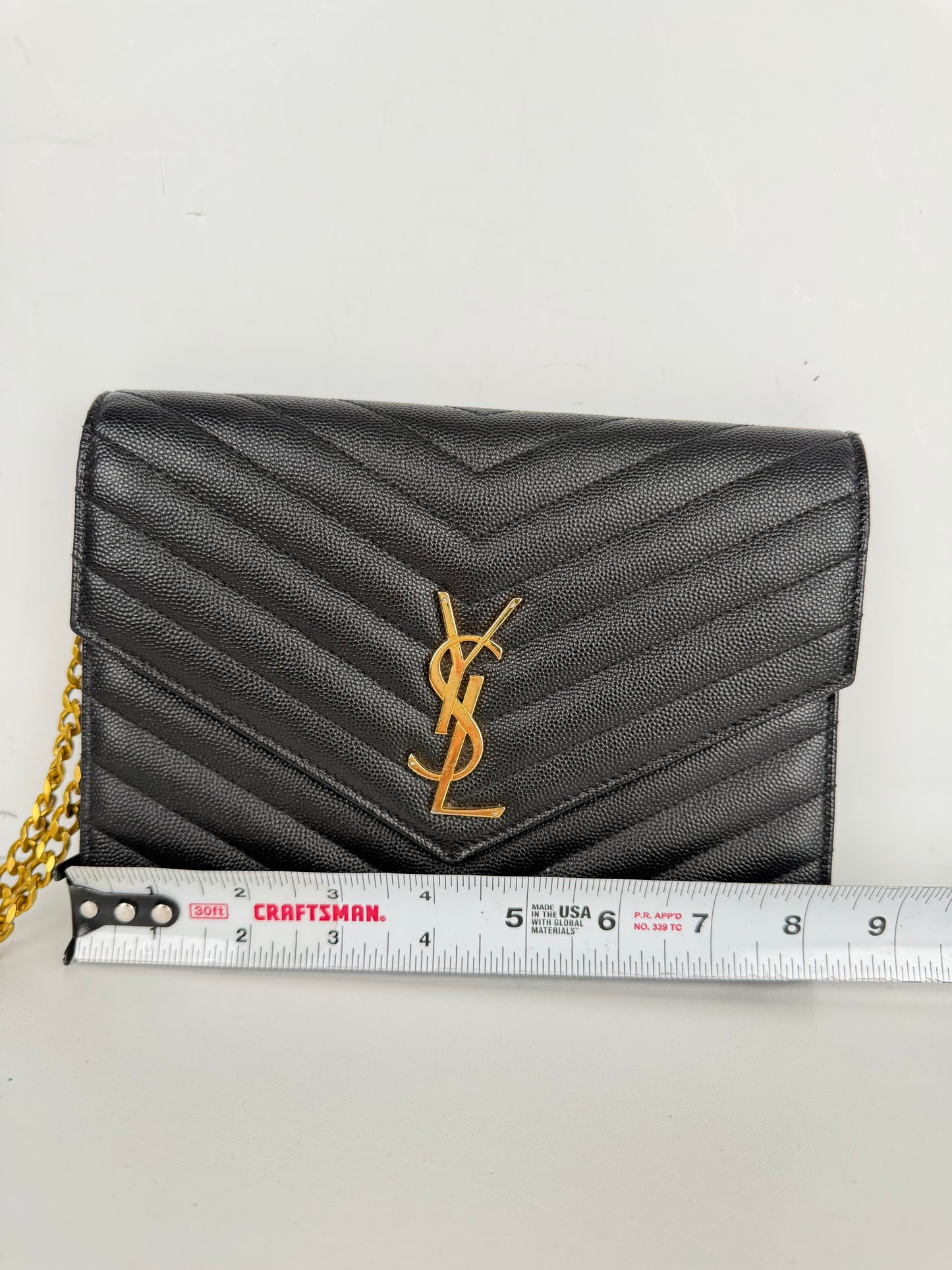 Saint Laurent Cassandre Envelope Wrist Bag in Black Quilted Grain De Poudre Leather YS-04