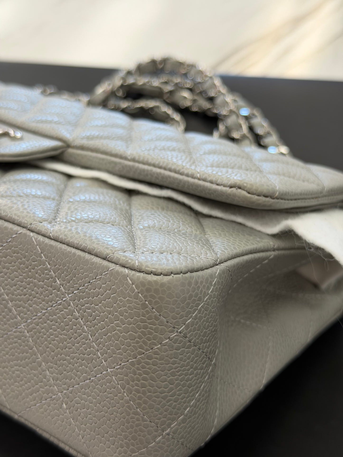 Chanel Classic Double Flap Bag in grey quilted caviar leather