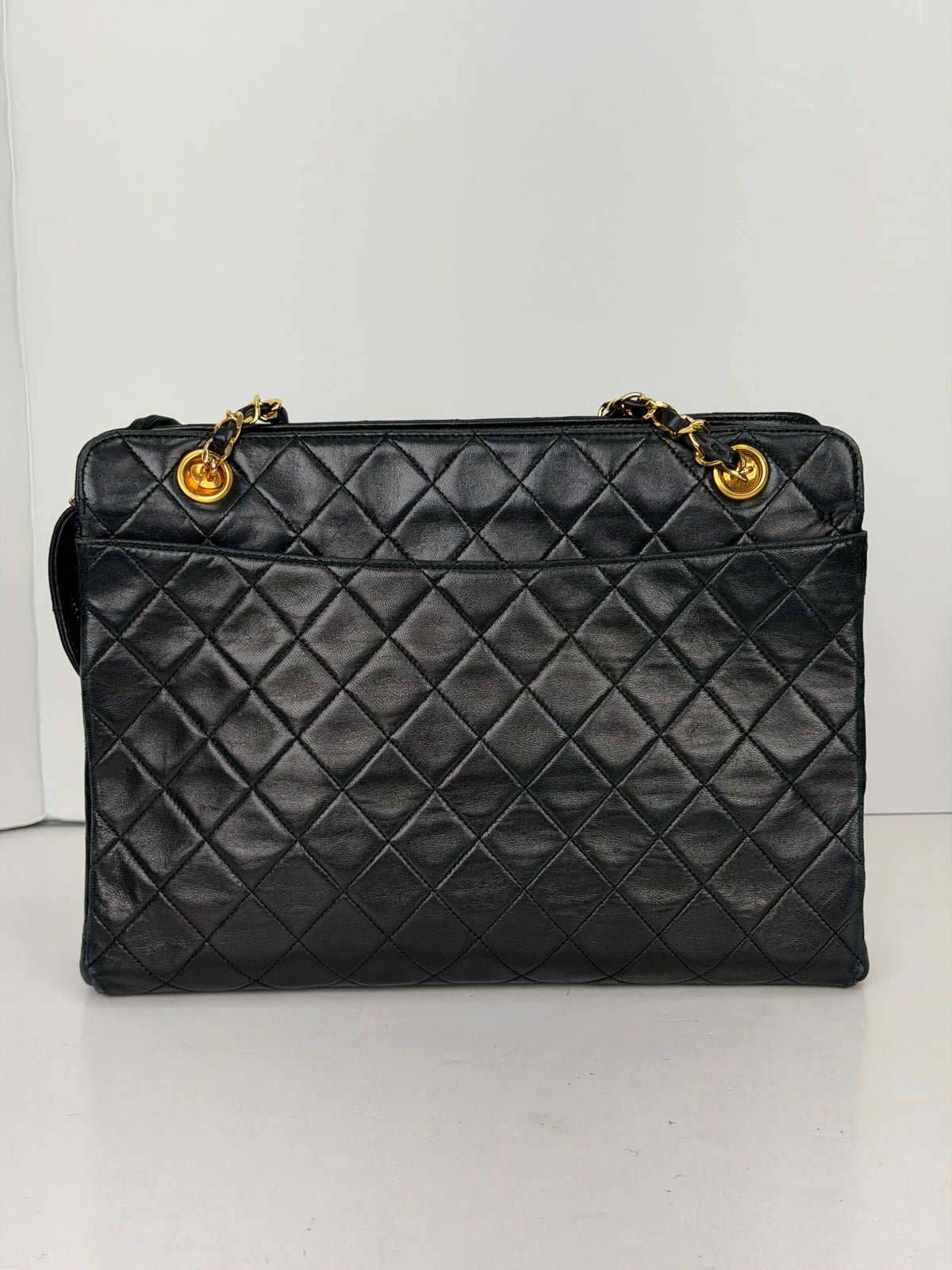Chanel CC Chain Tote Bag Vintage in Black Lambskin Leather 1989-1991 YD-6