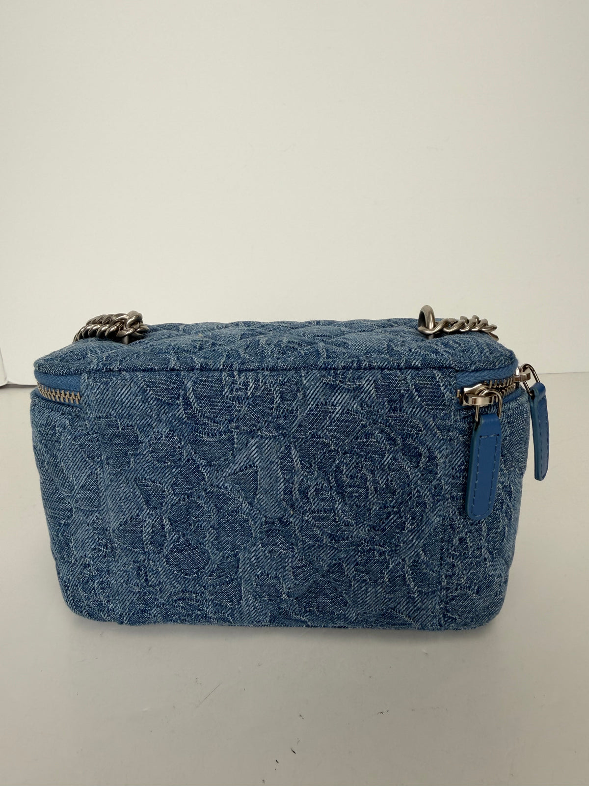 Chanel Denim Quilted Camellia Sweetheart Small Vanity Case in Blue Denim NFC YC3