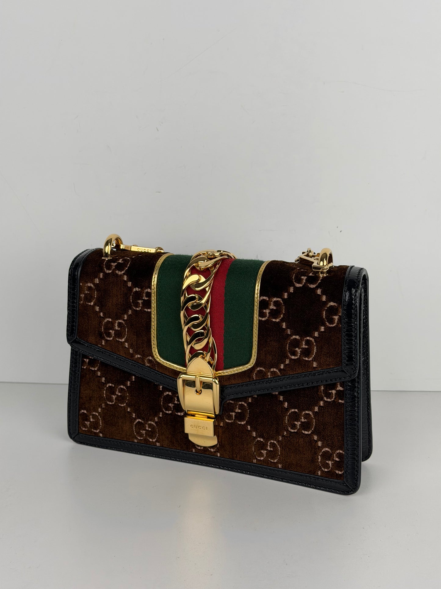 Gucci Sylvie Small Crossbody Bag in Brown GG Velvet with Web S-07