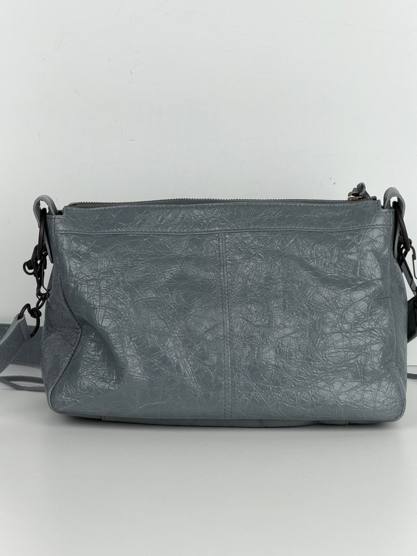Balenciaga Le City Moto Shoulder Bag Small in Blue-Gray Crinkled Leather YC-5