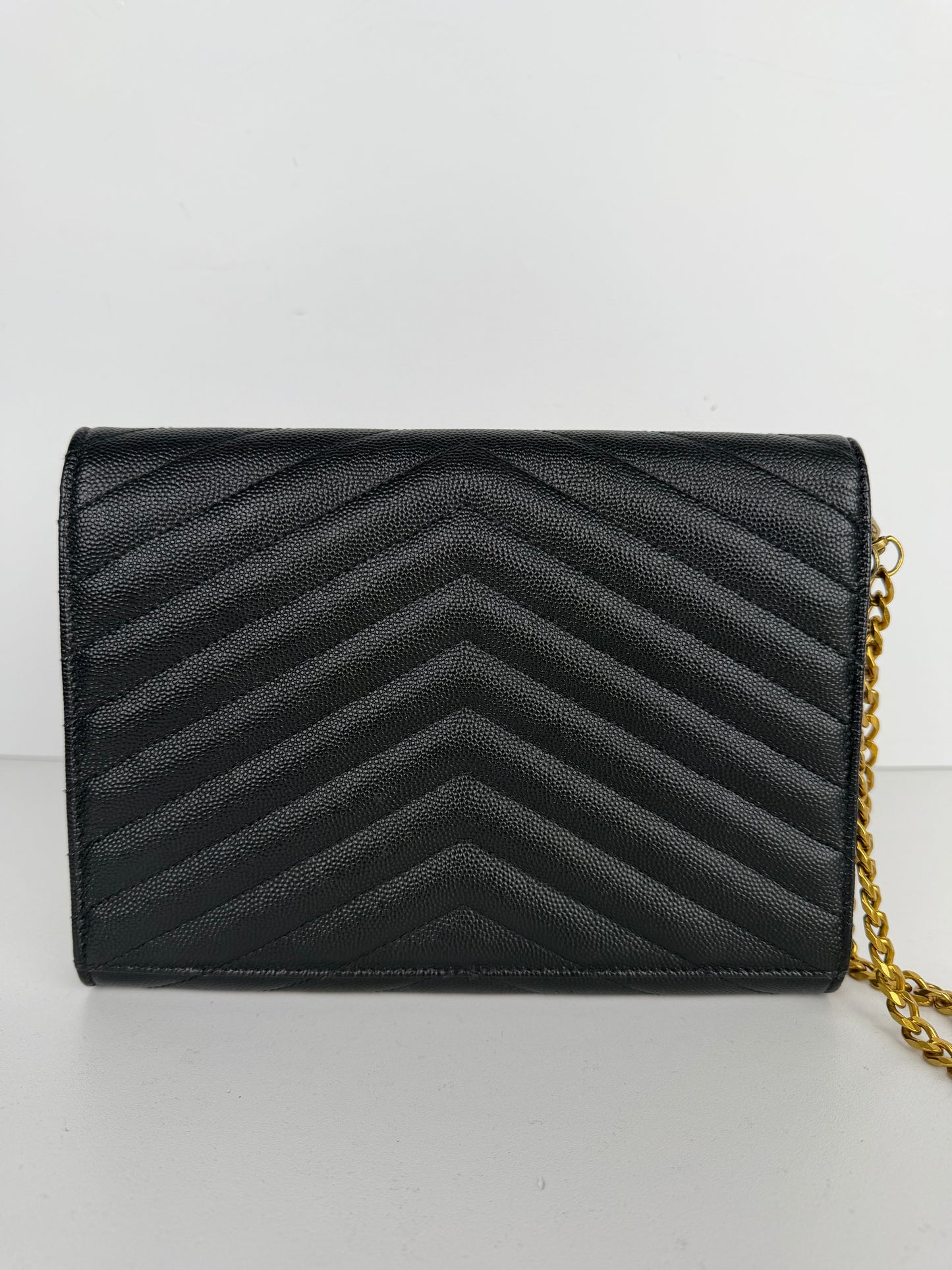 Saint Laurent Cassandre Envelope Wrist Bag in Black Quilted Grain De Poudre Leather YS-04