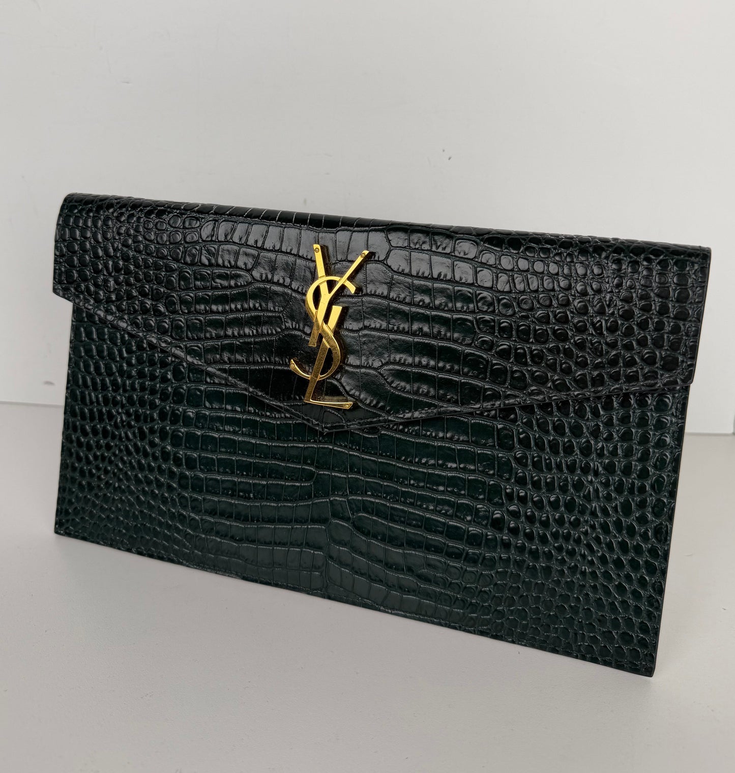 Saint Laurent Uptown Clutch Bag in Dark Green Croc-Embossed Leather YS-10
