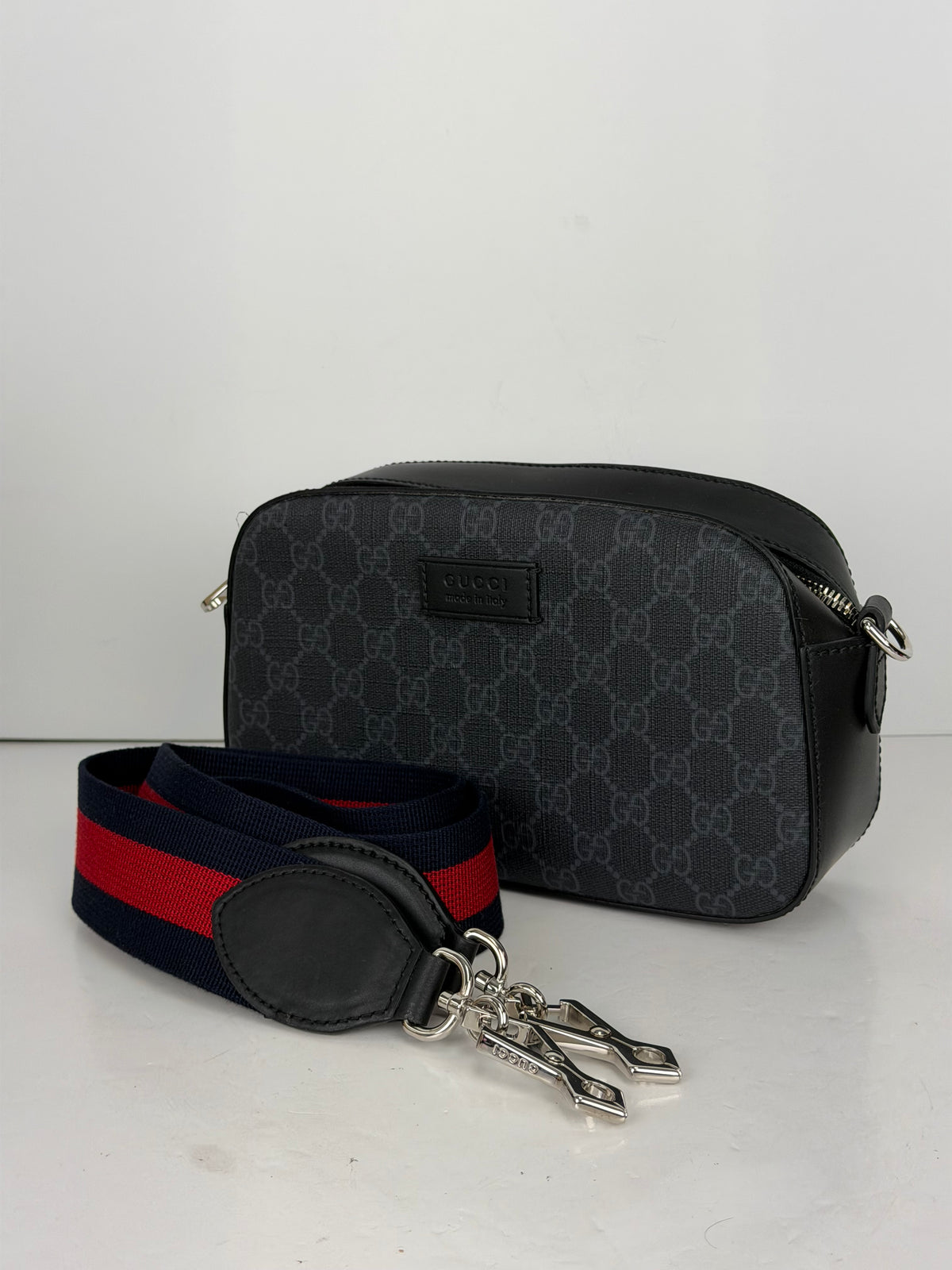 Gucci Web Camera Men's Shoulder Bag Small in Black GG Supreme Coated Canvas YS23