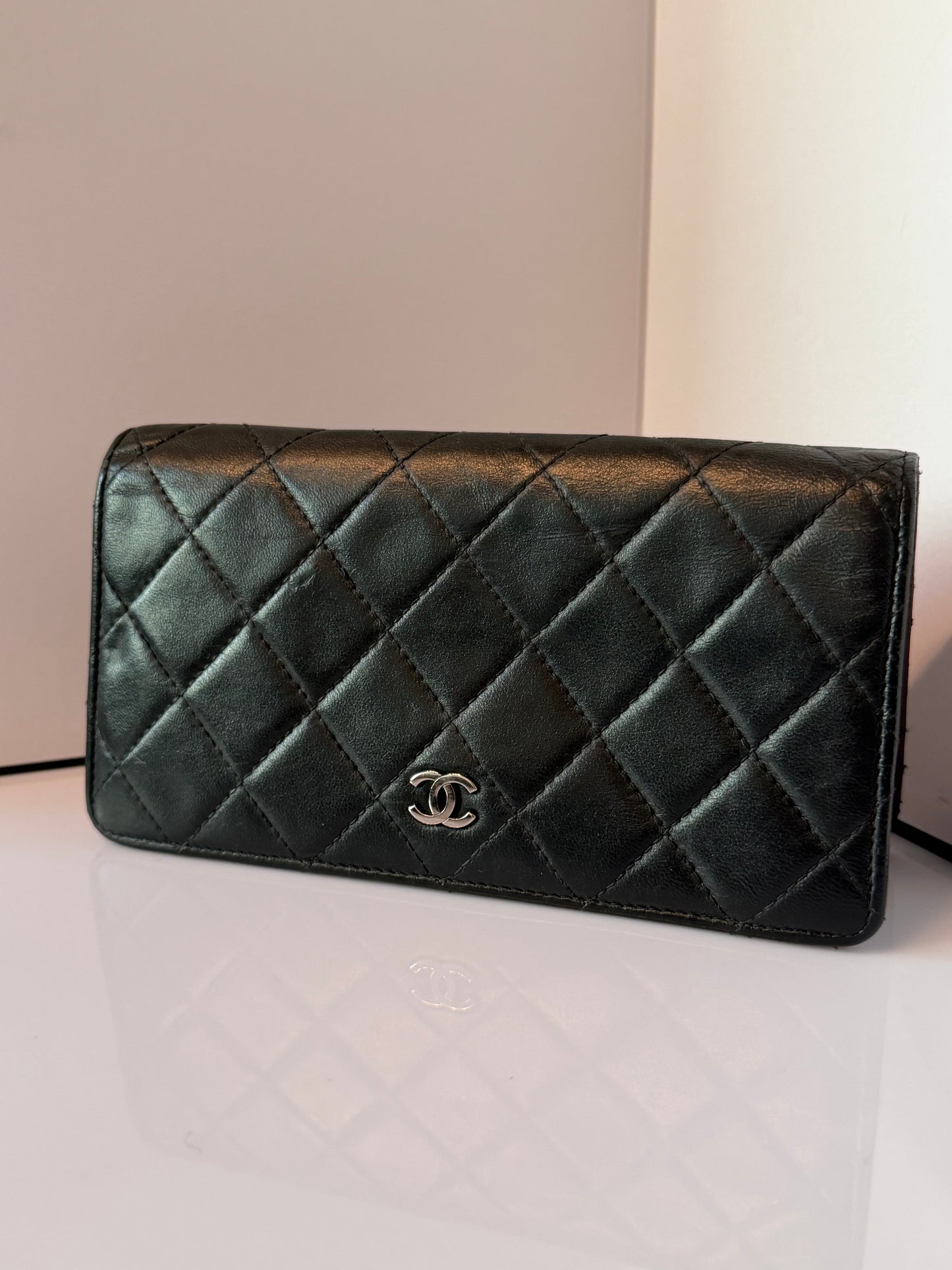 CHANEL Black Quilted Lambskin Leather Yen Wallet K3