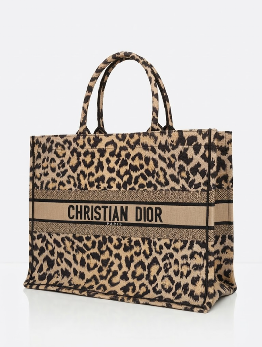 Christian Dior Mizza Large Book Tote Bag in Leopard Beige & Black Embroidered Canvas 2021 YD-6