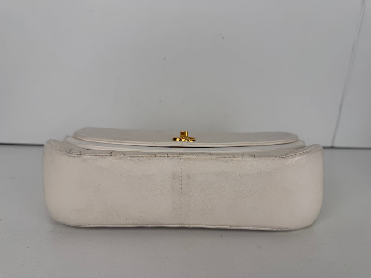 Chanel Half Moon Vintage Double Flap Bag in White Lambskin Leather With Gold-Tone Hardware
