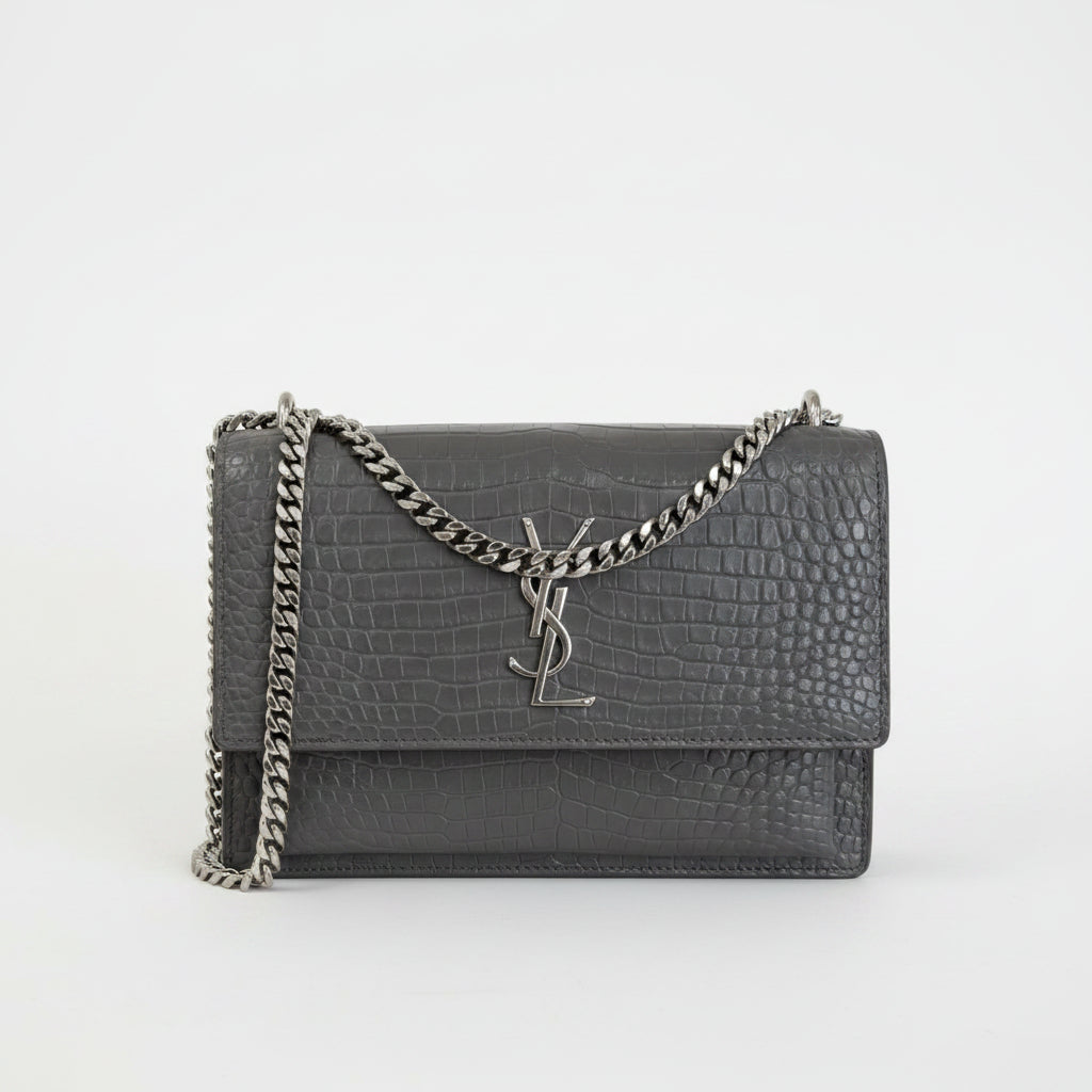 Saint Laurent Sunset Crocodile Embossed Leather Grey Medium Shoulder Bag