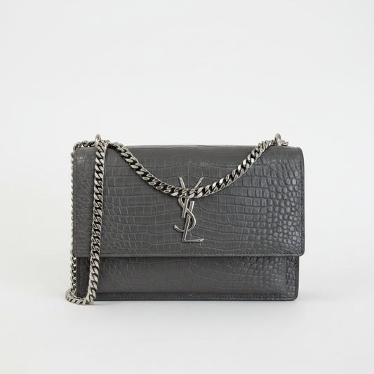 Saint Laurent Sunset Crocodile Embossed Leather Grey Medium Shoulder Bag