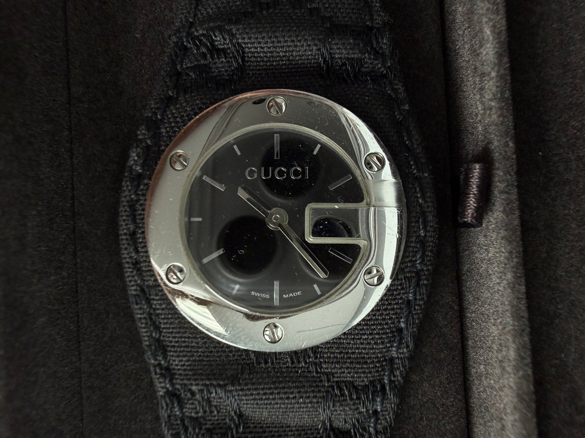Gucci G-Bandeau Watch (Series 104) in Black Monogram Canvas Strap Stainless Steel K3