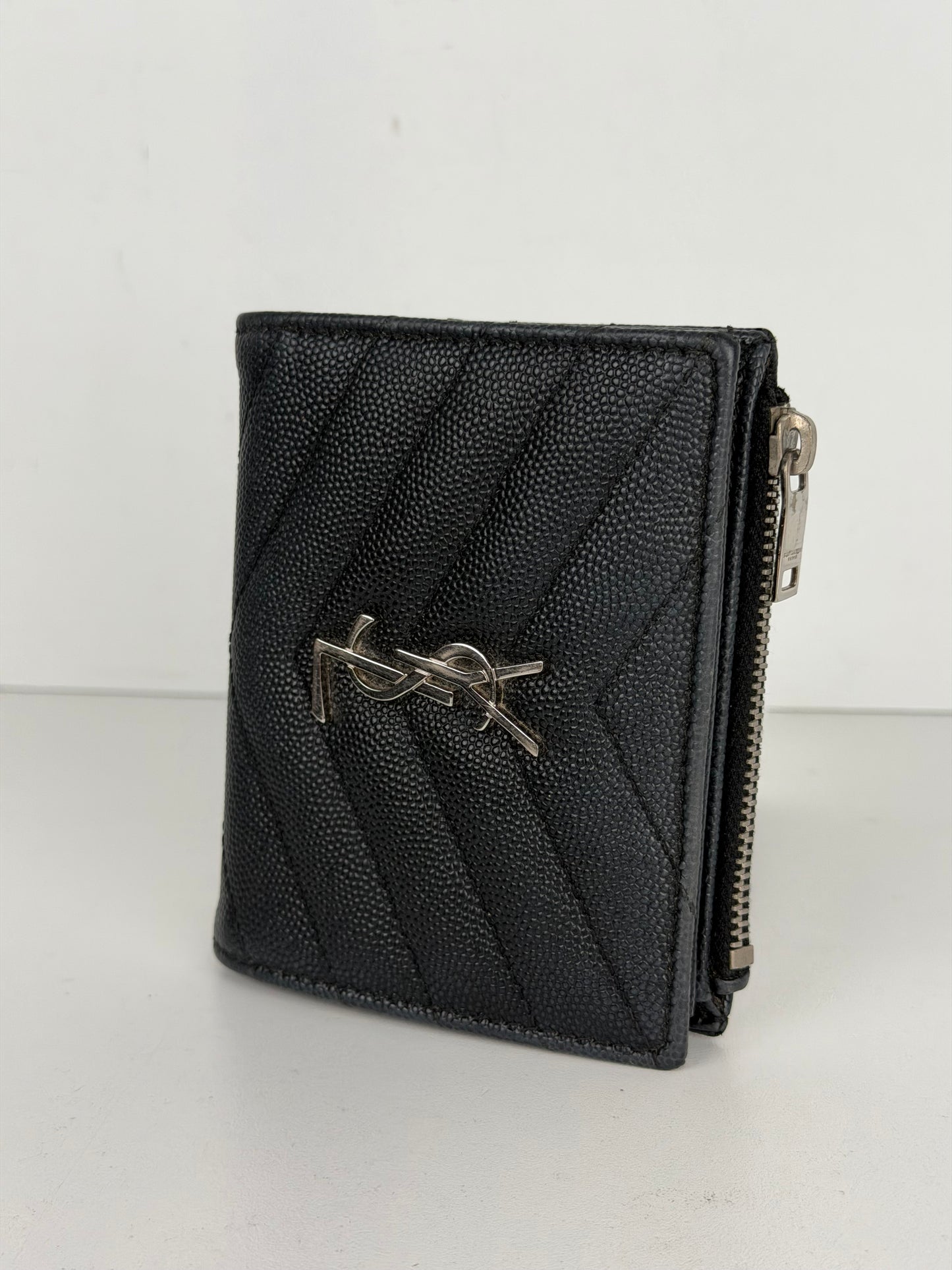 Saint Laurent Cassandre Matelasse Bi-Fold Wallet in Black Grain de Poudre Leather YK-2