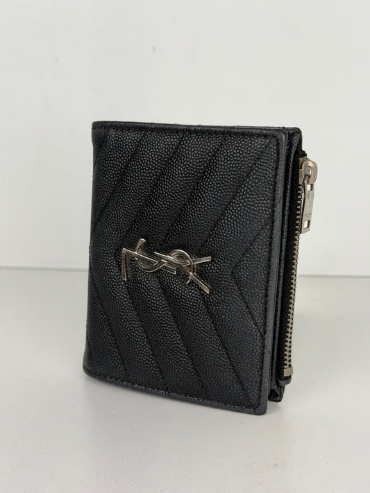Saint Laurent Cassandre Matelasse Bi-Fold Wallet in Black Grain de Poudre Leather YK-2