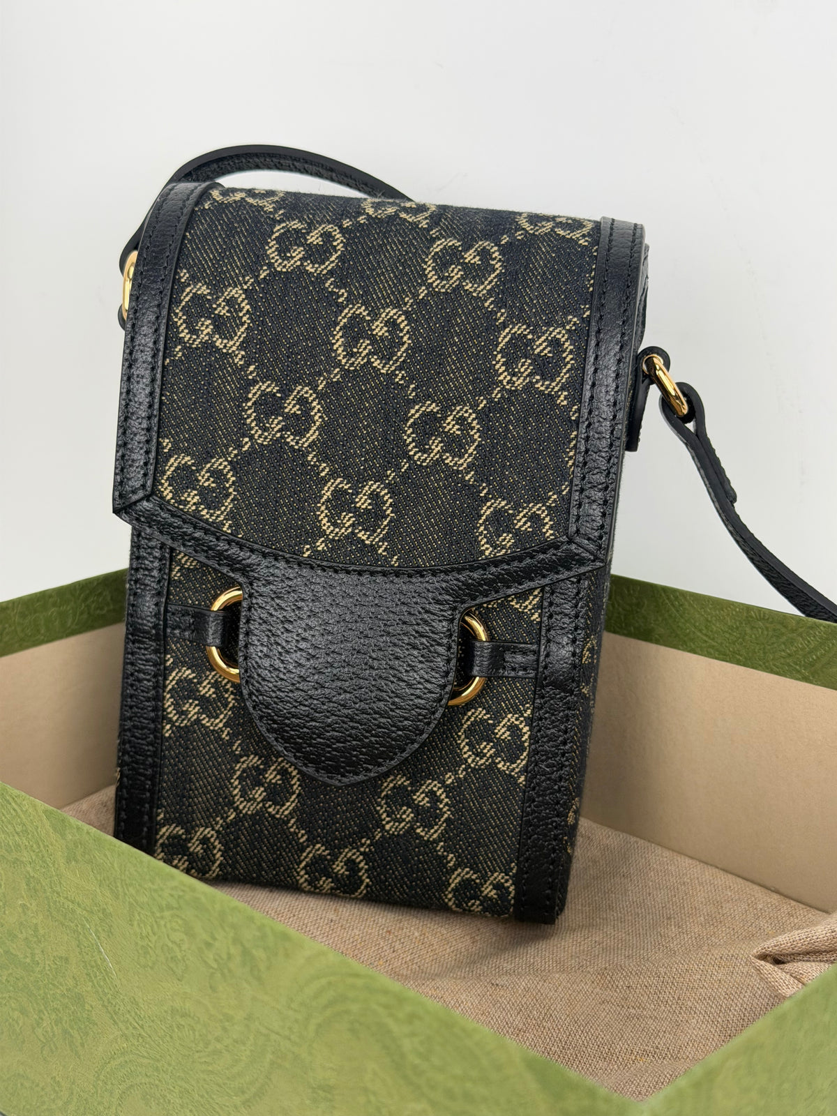 Gucci GG Denim 1955 Horsebit Mini Bag in Black Canvas YS07