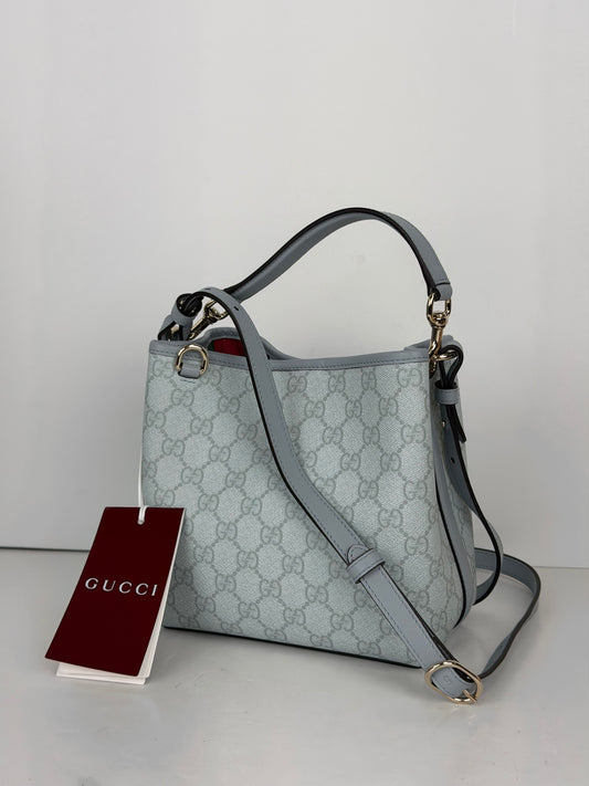 Gucci GG Emblem Small Bucket Bag in Light Blue GG Monogram Coated Canvas YC2