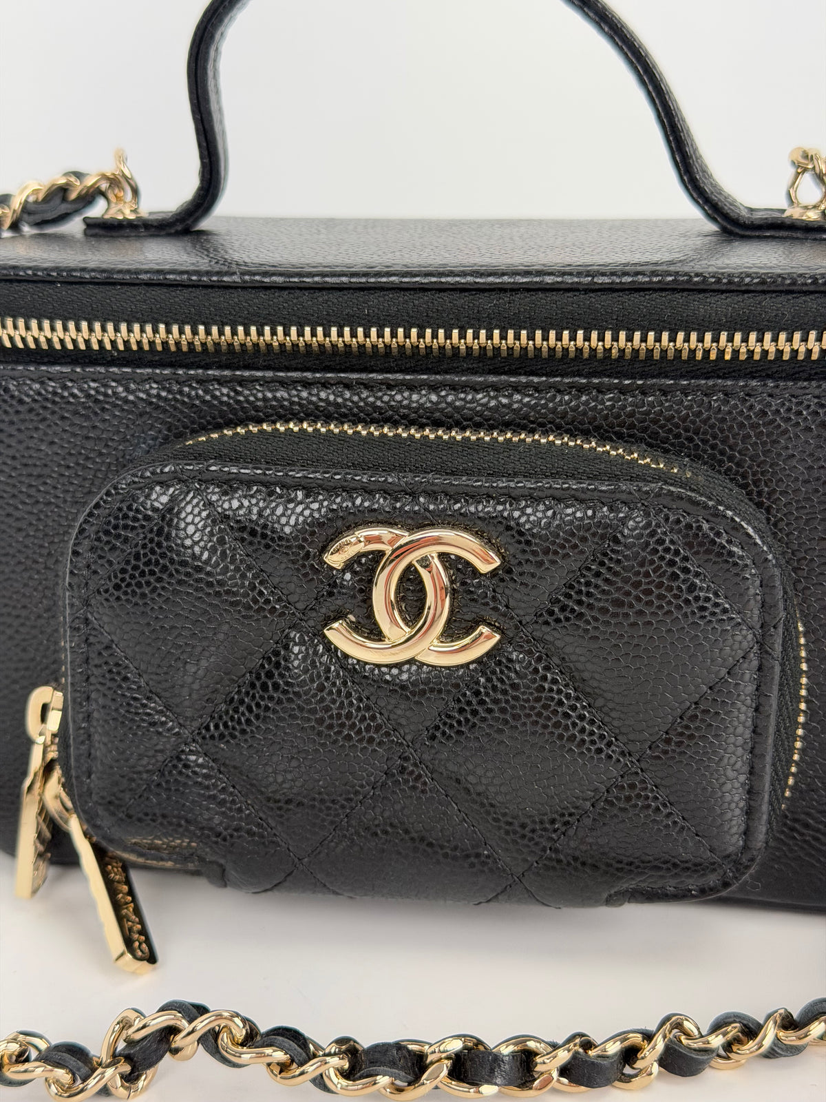 Chanel Pocket Vanity Case Top Handle Bag in Black Quilted Caviar Leather NFC YC-4