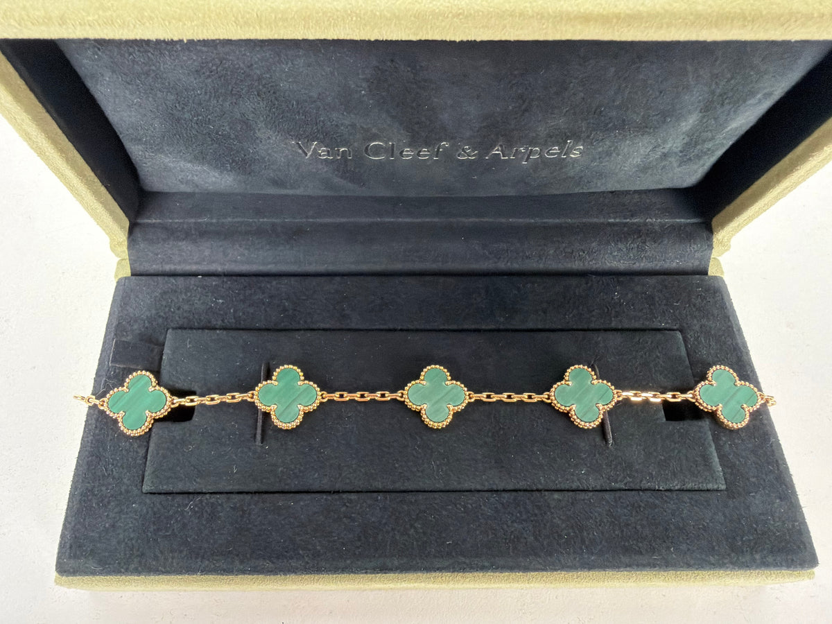 Van Cleef & Arpels Vintage Alhambra Bracelet 5 Motifs in 18K Yellow Gold Green Malachite Clover Motifs
