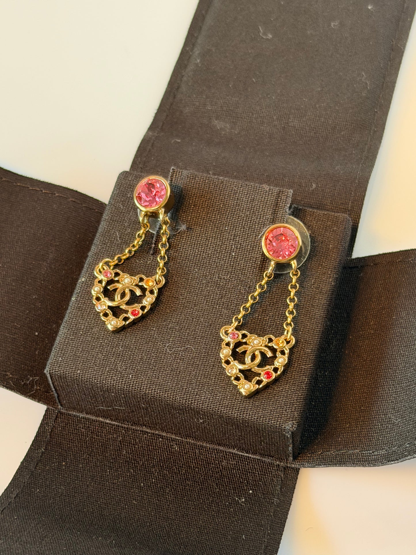 Chanel CC Heart Cut Out Dangle Earrings Metal with Faux Pearls and Crystals