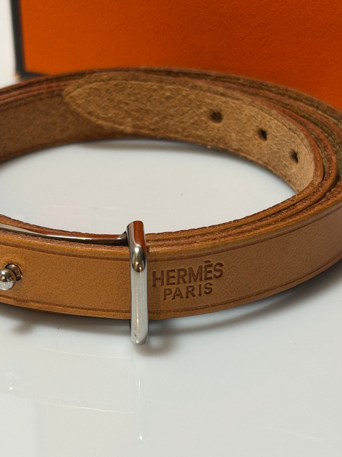 Hermes Slim Belt Natural Color Silver Tone Buckle