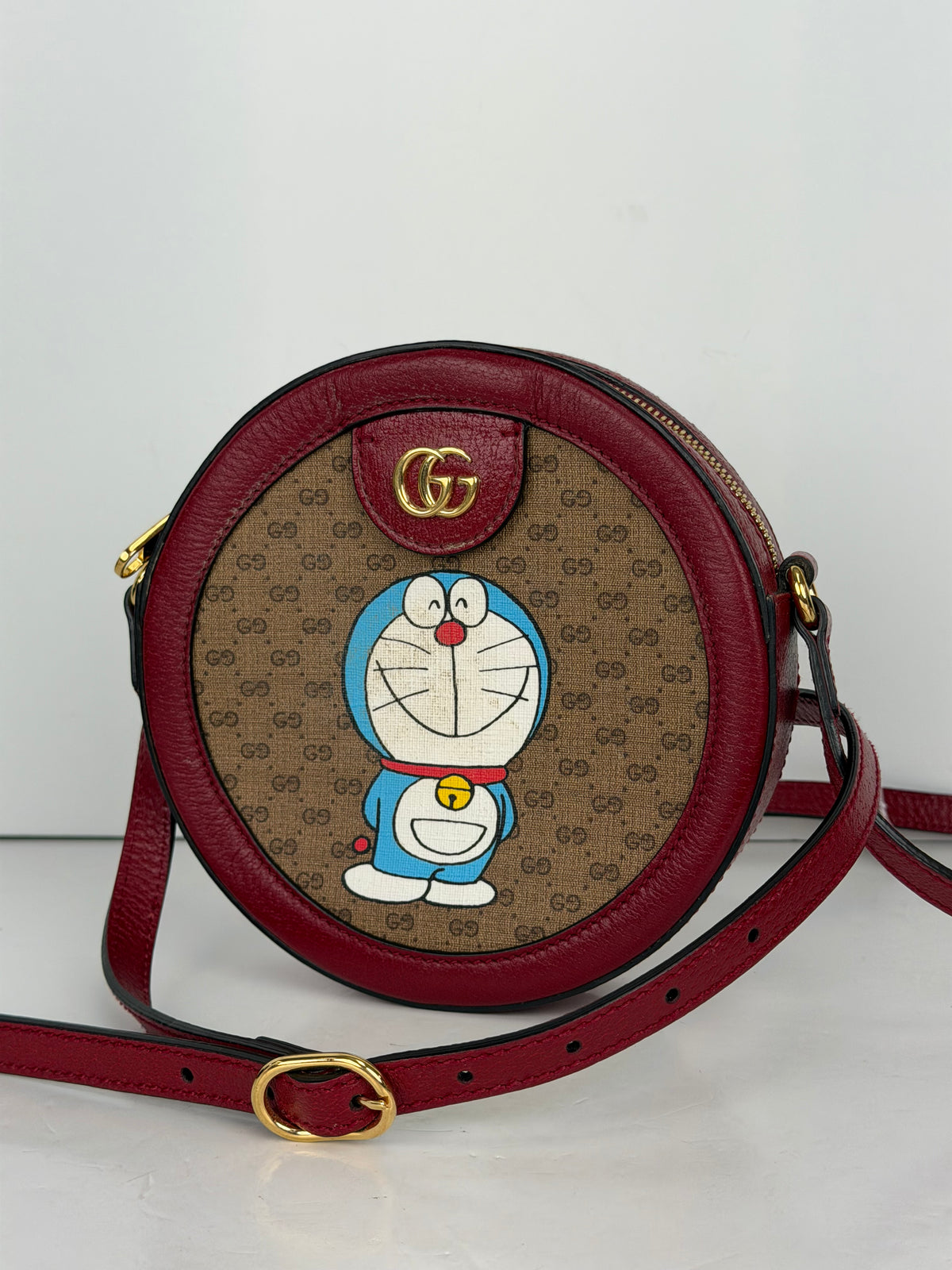 Gucci X Doraemon Mini Round Shoulder Bag in Brown Canvas & Red Leather YS23