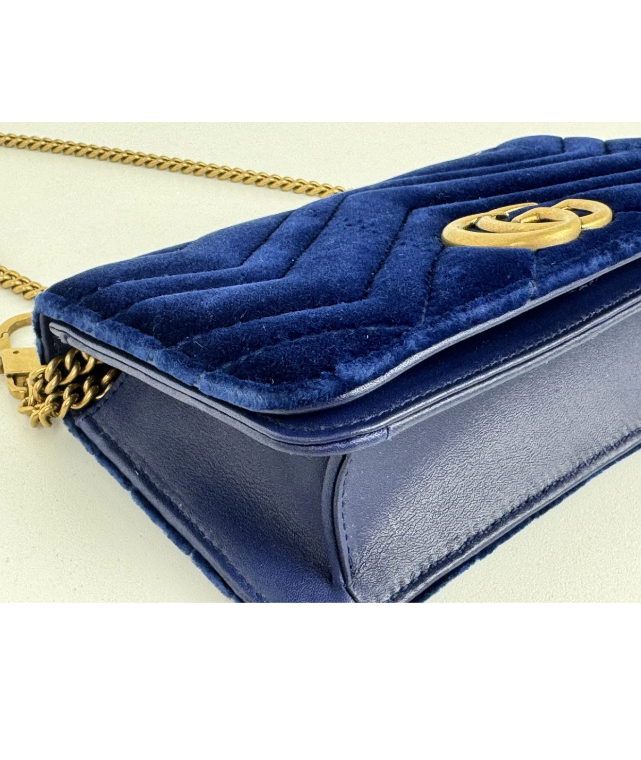 Gucci GG Marmont Blue Velvet Gold-Tone Chain Flap Crossbody Bag