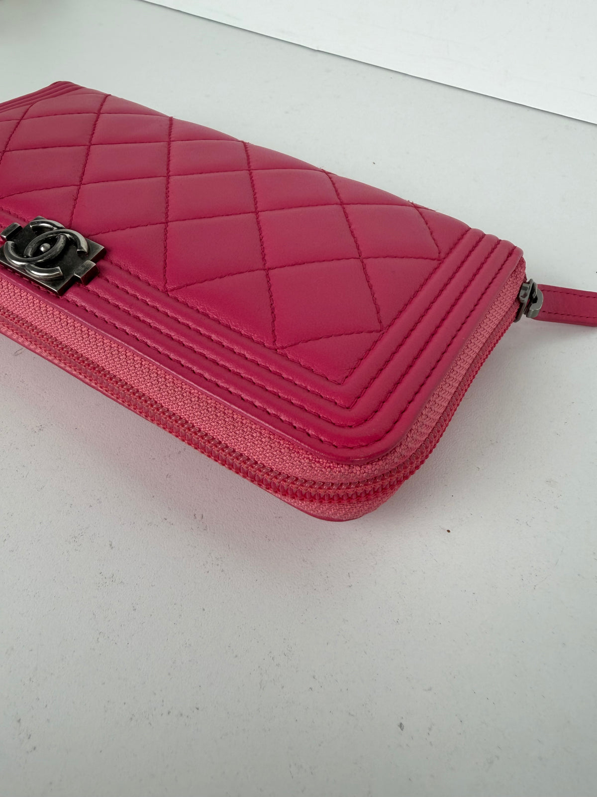 Chanel Boy Zip Around Wallet in Pink Quilted Lambskin Leather K3