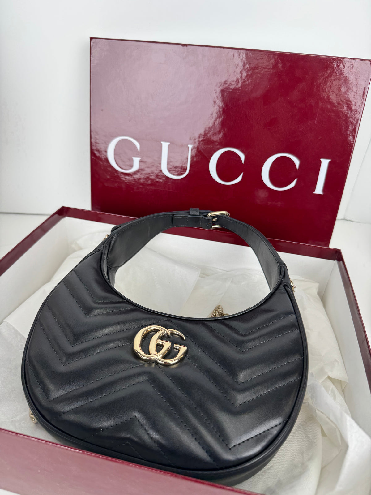 Gucci GG Marmont Half-Moon Mini Bag in Black Matelasse leather YS08