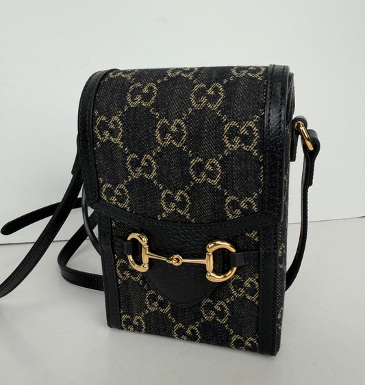 Gucci GG Denim 1955 Horsebit Mini Bag in Black Canvas YS07
