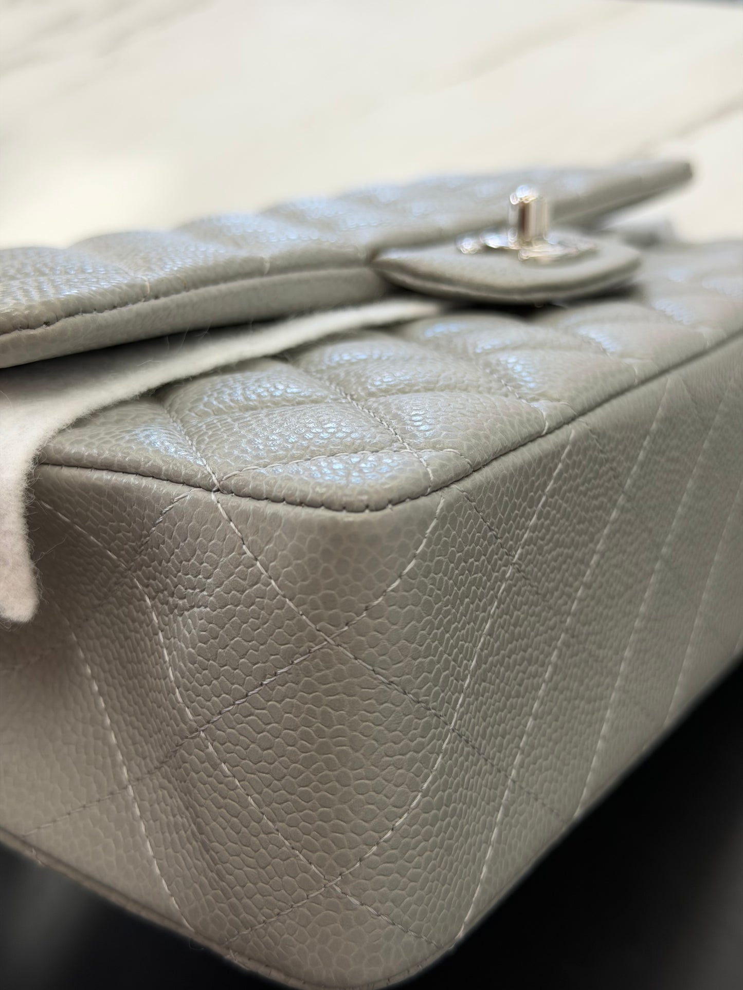 Chanel Classic Double Flap Bag in grey quilted caviar leather