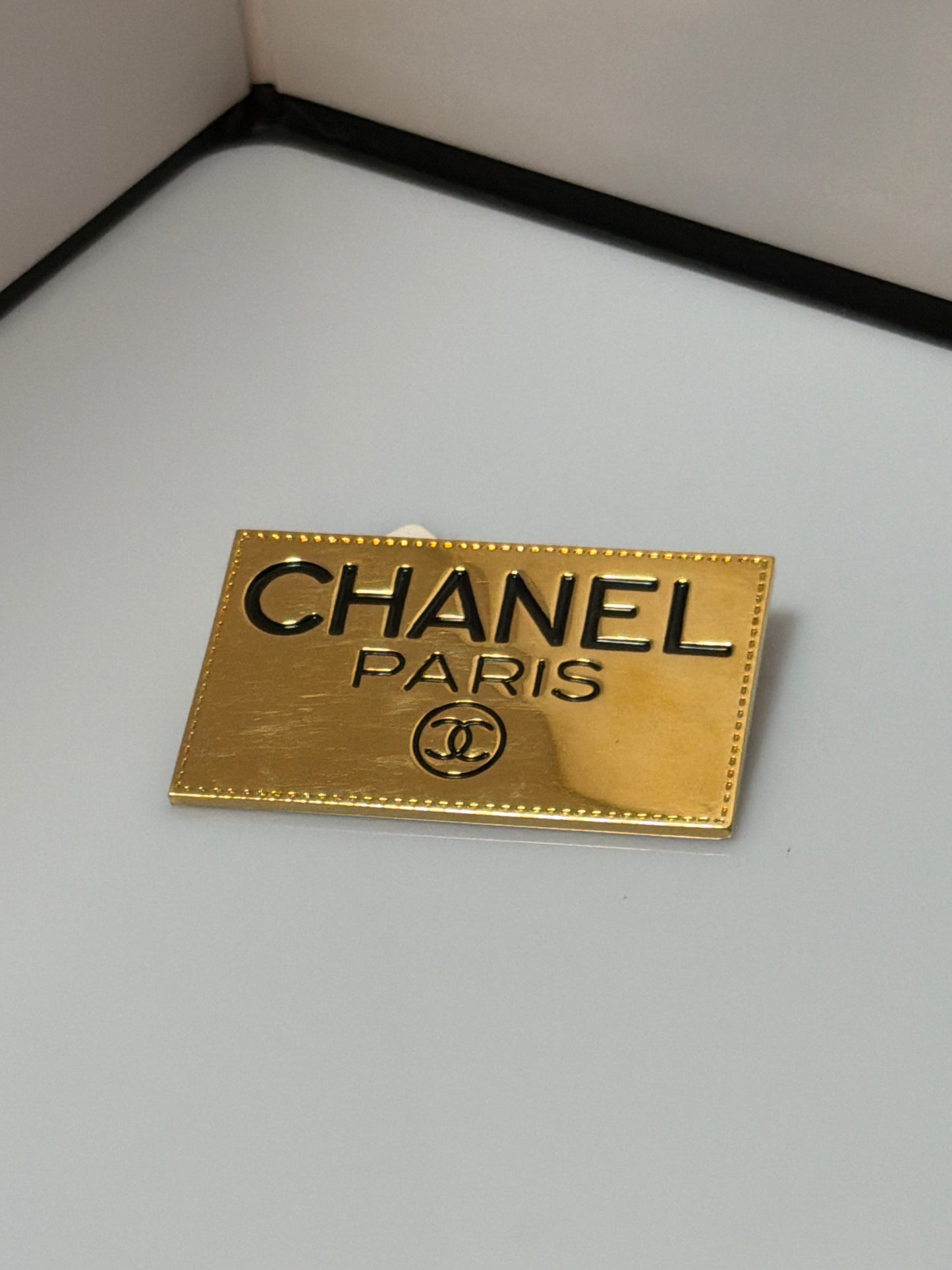 Chanel Metal Logo Plate Brooch Gold
