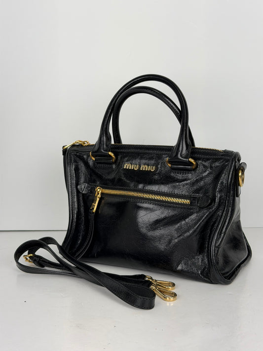 Miu Miu Bauletto Top Handle Bag in Black Vitello Shine Leather YS23