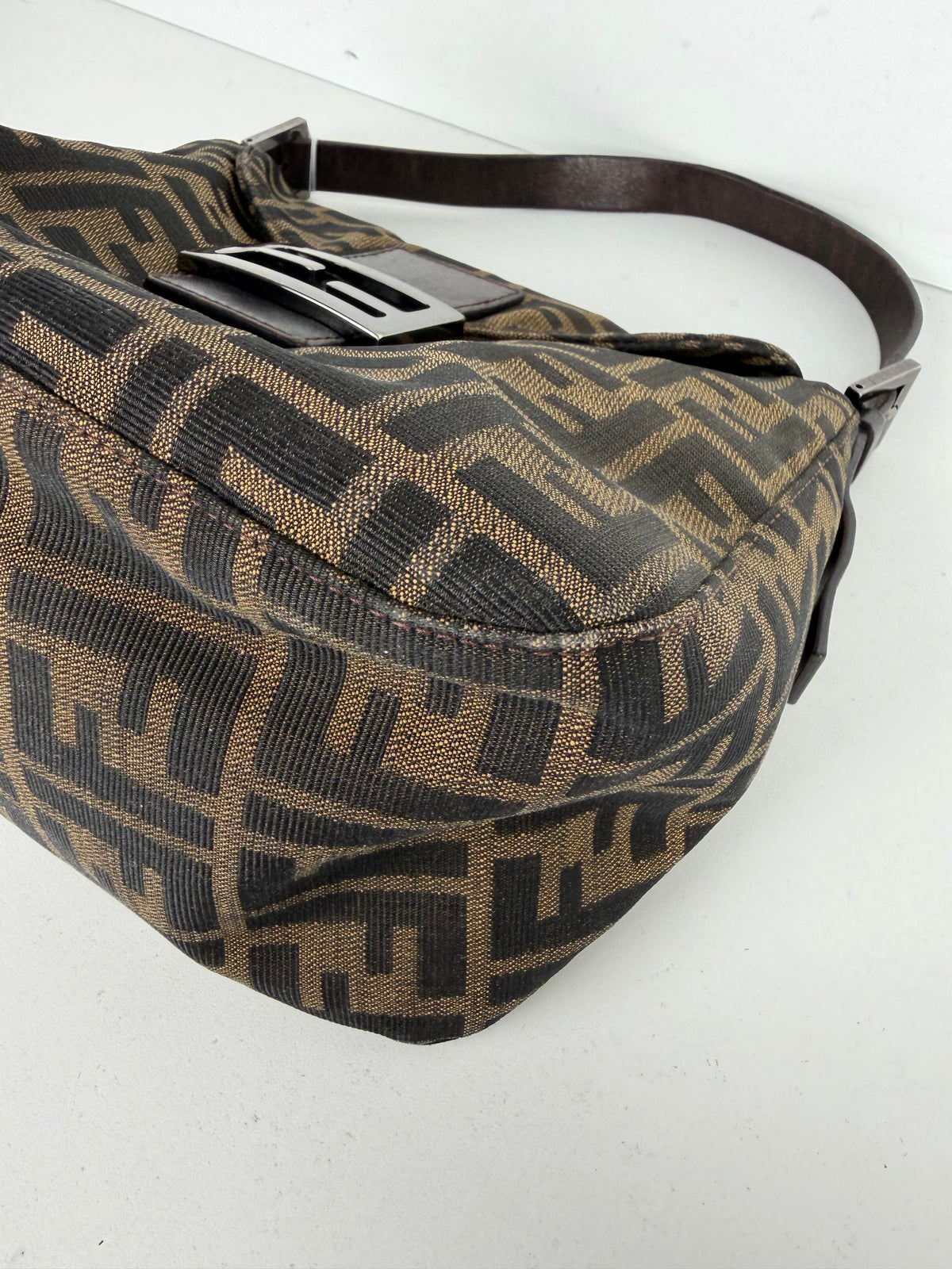 Fendi Zucca FF Double Flap Baguette Shoulder Bag in Brown Canvas