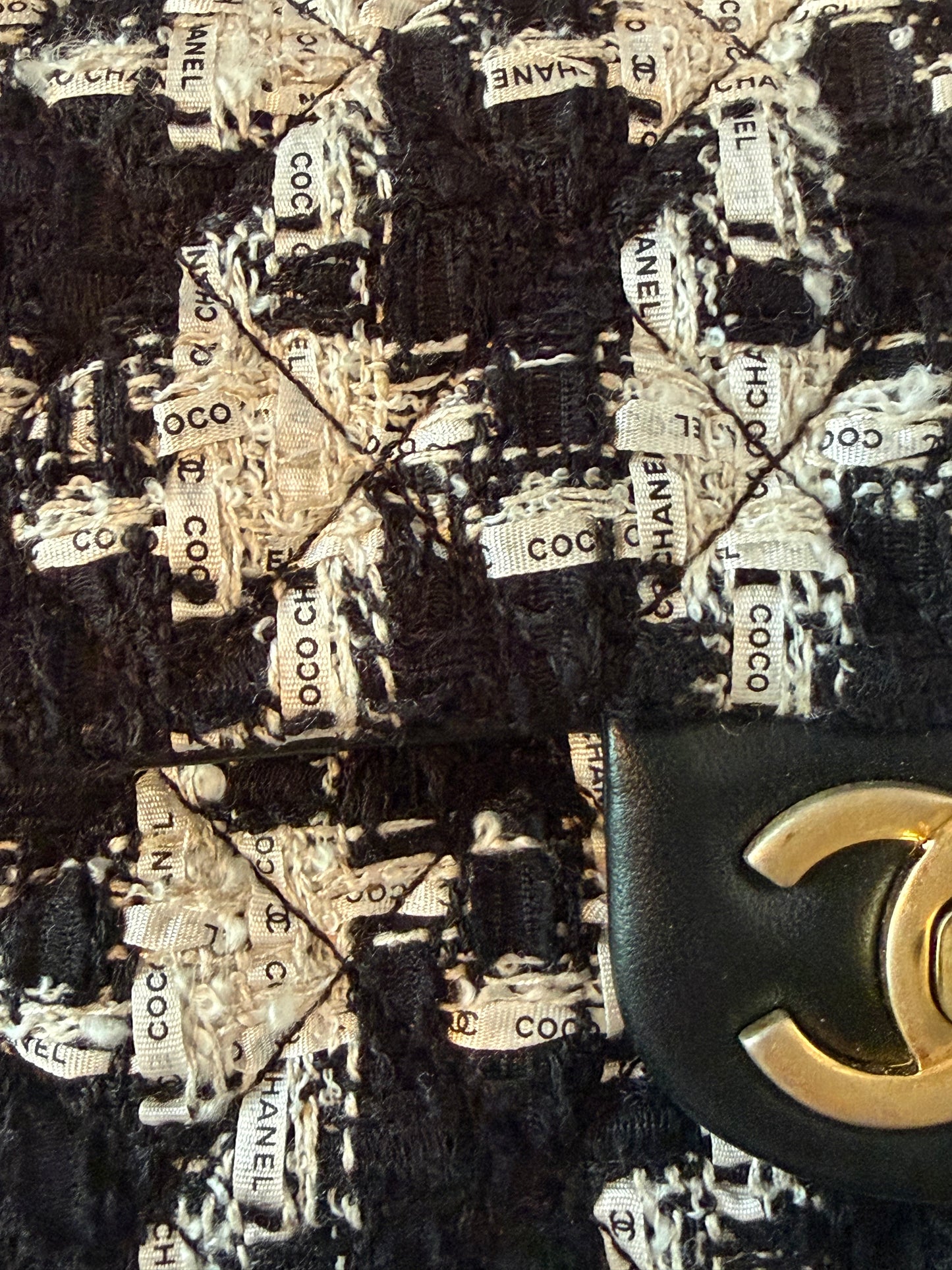 CHANEL Black/White Quilted Tweed River Of Pearls Mini Flap Bag