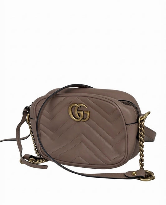 Gucci GG Marmont Small Camera Bag in Taupe Matelasse Leather YU3