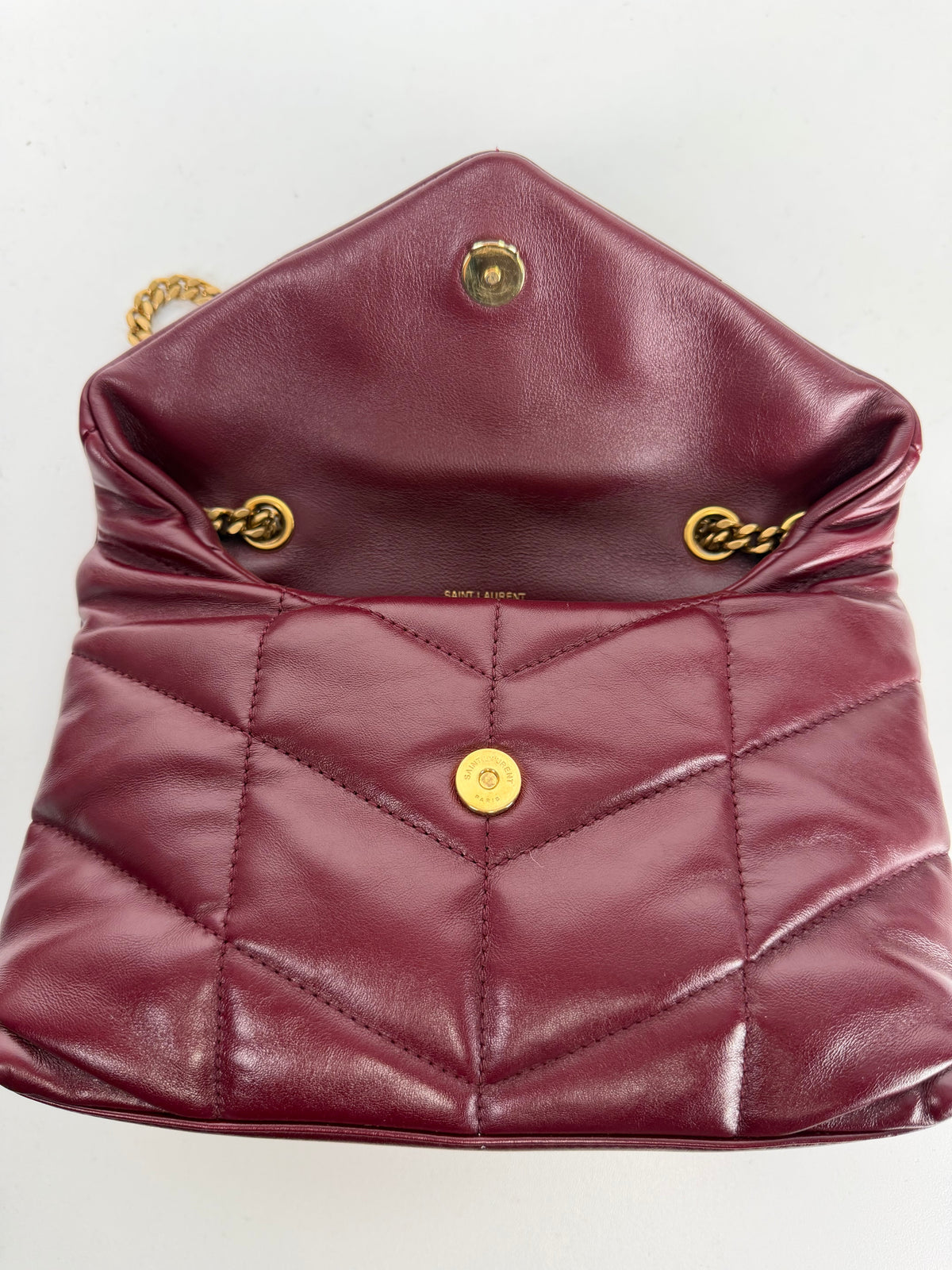 Saint Laurent Toy Puffer Shoulder Bag in Burgundy Lambskin Leather