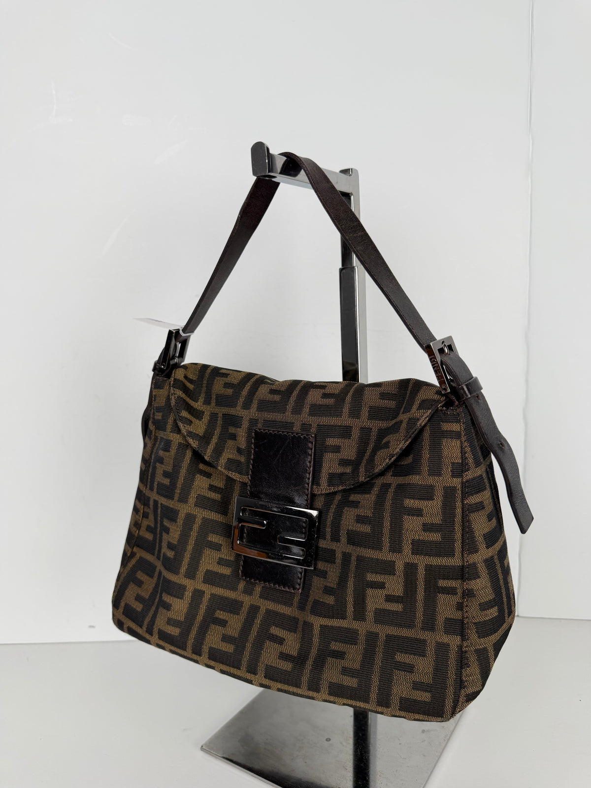 Fendi Zucca FF Double Flap Baguette Shoulder Bag in Brown Canvas