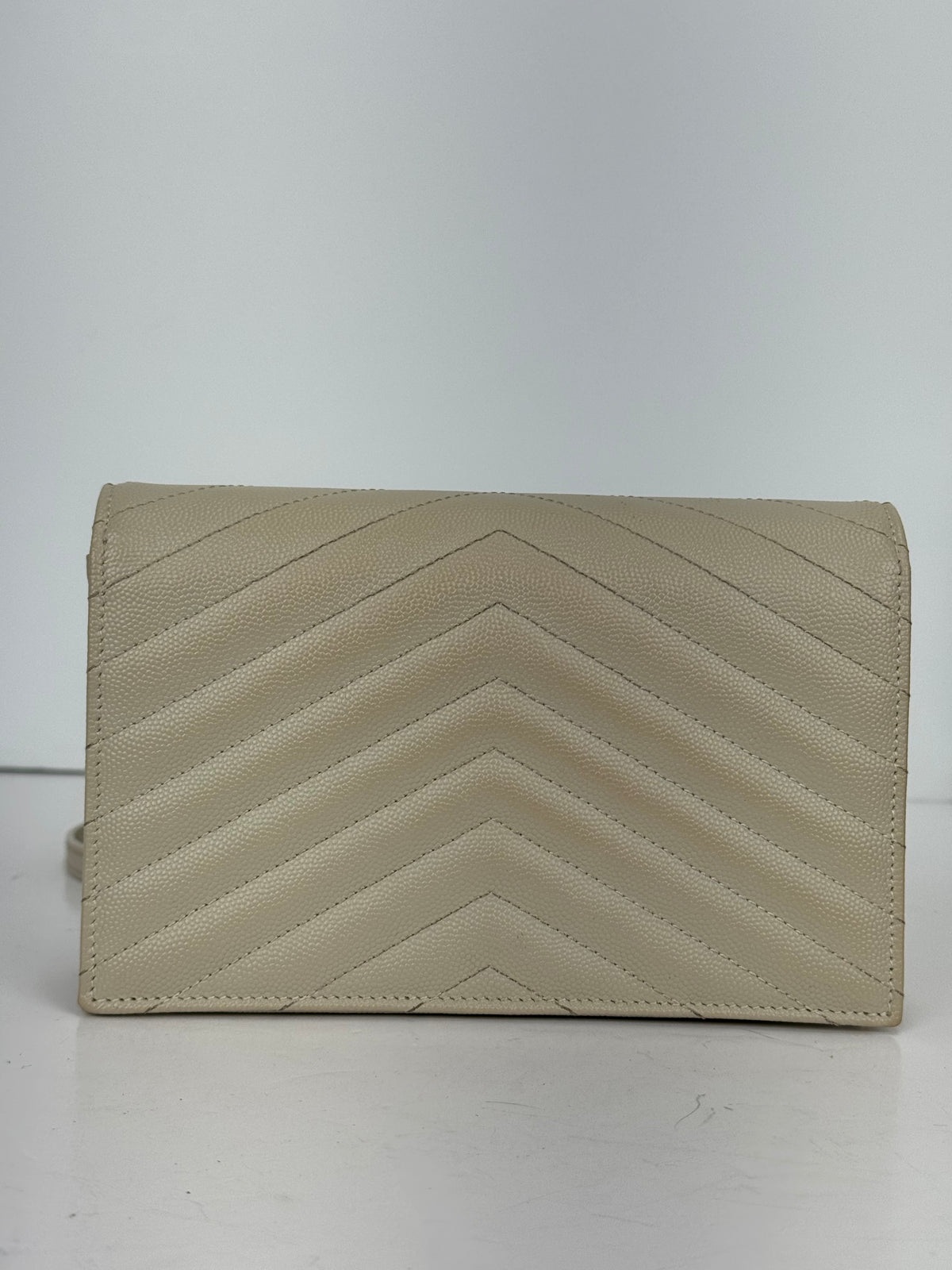 Saint Laurent Classic Cassandre Chain Wallet in Crema Soft Grain de Poudre Leather