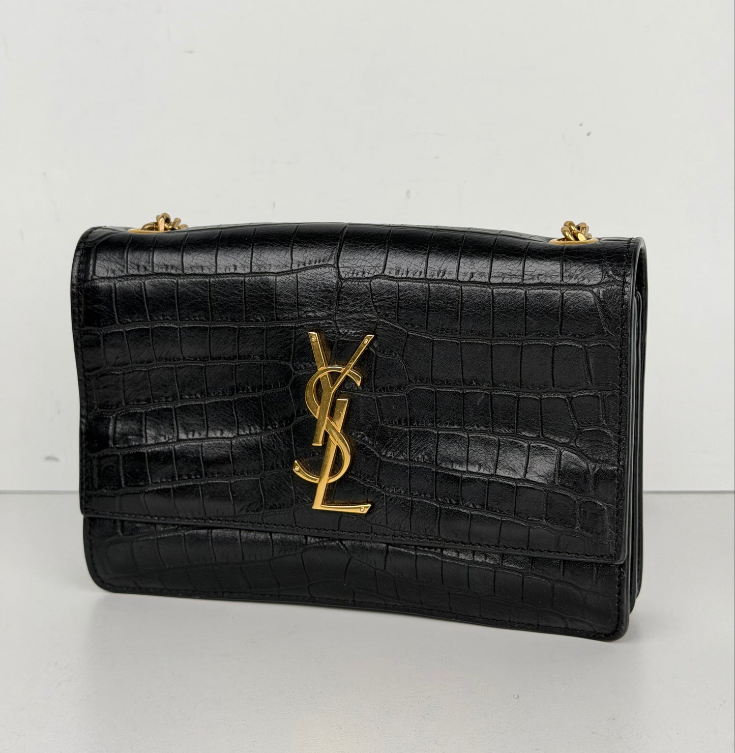 Saint Laurent Sunset Bag Small in Black Croc-Embossed Leather Gold Hardware YS-20