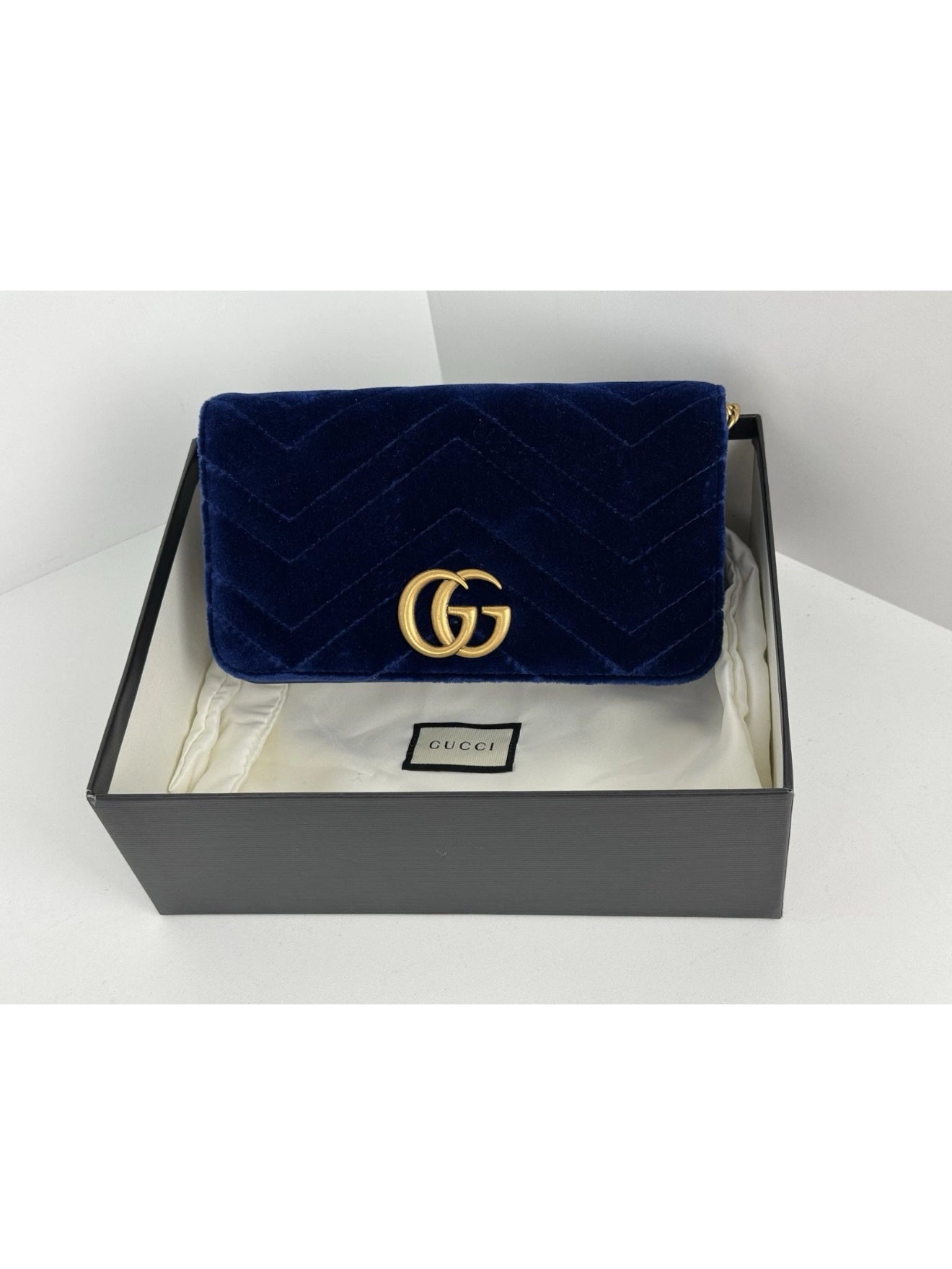 Gucci GG Marmont Blue Velvet Gold-Tone Chain Flap Crossbody Bag